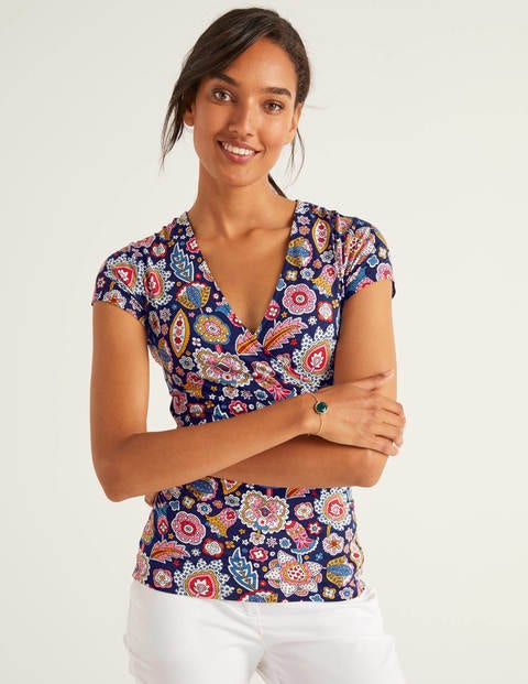 Short Sleeve Jersey Wrap Top - French Navy, Festival Paisley Short Sleeve Jersey Wrap Top - French Navy, Festival Paisley