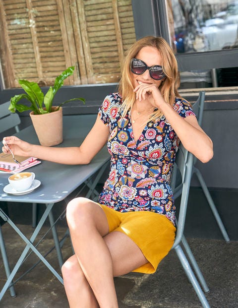 Short Sleeve Jersey Wrap Top - French Navy, Festival Paisley Short Sleeve Jersey Wrap Top - French Navy, Festival Paisley