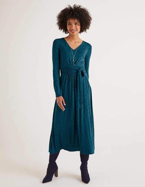 Ferne Jersey-Midikleid - Dunkles Petrol, Polka-Tupfen Ferne Jersey-Midikleid - Dunkles Petrol, Polka-Tupfen