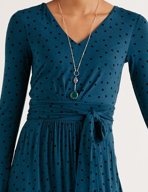Ferne Jersey-Midikleid - Dunkles Petrol, Polka-Tupfen Ferne Jersey-Midikleid - Dunkles Petrol, Polka-Tupfen