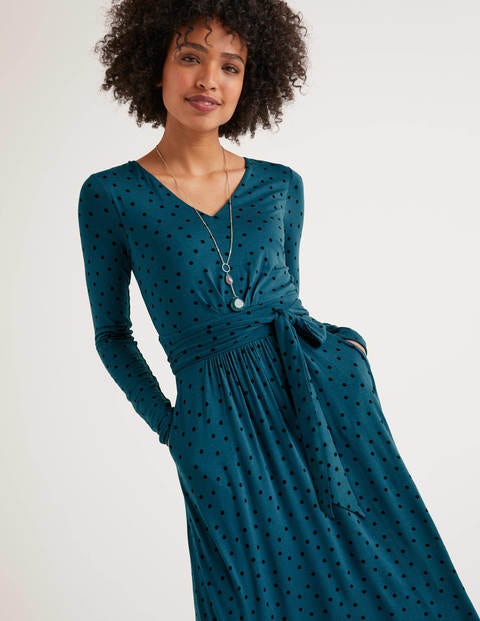 Ferne Jersey-Midikleid - Dunkles Petrol, Polka-Tupfen Ferne Jersey-Midikleid - Dunkles Petrol, Polka-Tupfen