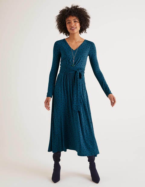Ferne Jersey-Midikleid - Dunkles Petrol, Polka-Tupfen Ferne Jersey-Midikleid - Dunkles Petrol, Polka-Tupfen