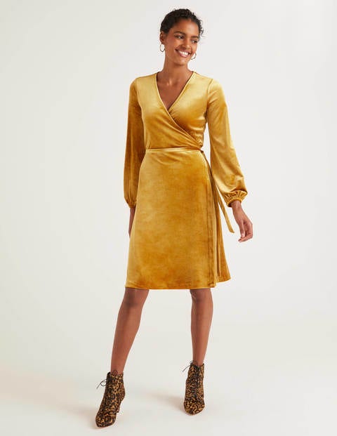yellow velvet wrap dress