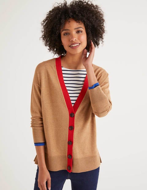 Heidi Sparkle Trim Cardigan - Camel/Post Box Red Lurex Heidi Sparkle Trim Cardigan - Camel/Post Box Red Lurex