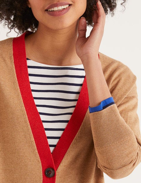 Heidi Sparkle Trim Cardigan - Camel/Post Box Red Lurex Heidi Sparkle Trim Cardigan - Camel/Post Box Red Lurex