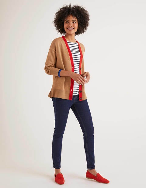 Heidi Sparkle Trim Cardigan - Camel/Post Box Red Lurex Heidi Sparkle Trim Cardigan - Camel/Post Box Red Lurex
