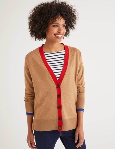 Heidi Sparkle Trim Cardigan - Camel/Post Box Red Lurex Heidi Sparkle Trim Cardigan - Camel/Post Box Red Lurex