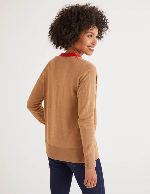 Heidi Sparkle Trim Cardigan - Camel/Post Box Red Lurex Heidi Sparkle Trim Cardigan - Camel/Post Box Red Lurex