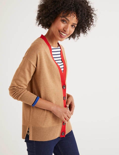 Heidi Sparkle Trim Cardigan - Camel/Post Box Red Lurex Heidi Sparkle Trim Cardigan - Camel/Post Box Red Lurex