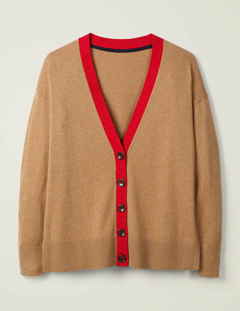 Heidi Sparkle Trim Cardigan - Camel/Post Box Red Lurex Heidi Sparkle Trim Cardigan - Camel/Post Box Red Lurex