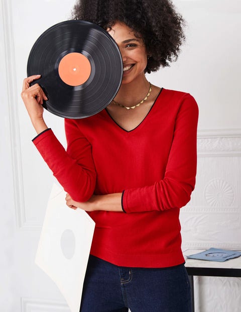 Elina V-Neck Jumper - Postbox Red/Navy Tipping Elina V-Neck Jumper - Postbox Red/Navy Tipping
