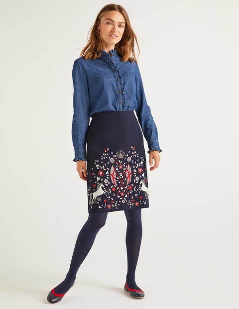 Olivia Embroidered Mini Skirt - Navy, Heraldic Olivia Embroidered Mini Skirt - Navy, Heraldic