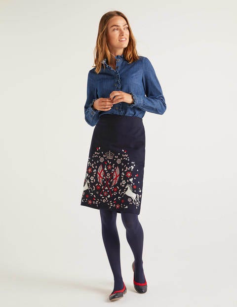 Olivia Embroidered Mini Skirt - Navy, Heraldic Olivia Embroidered Mini Skirt - Navy, Heraldic