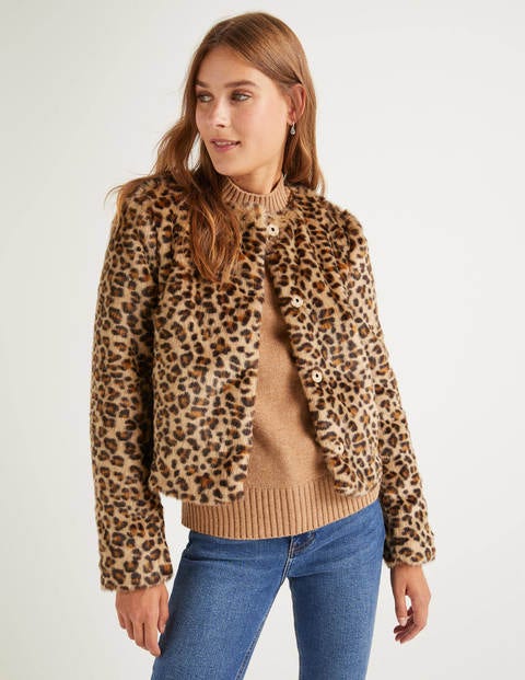 Palmer Faux Fur Coat Brown Leopard Small Boden Us