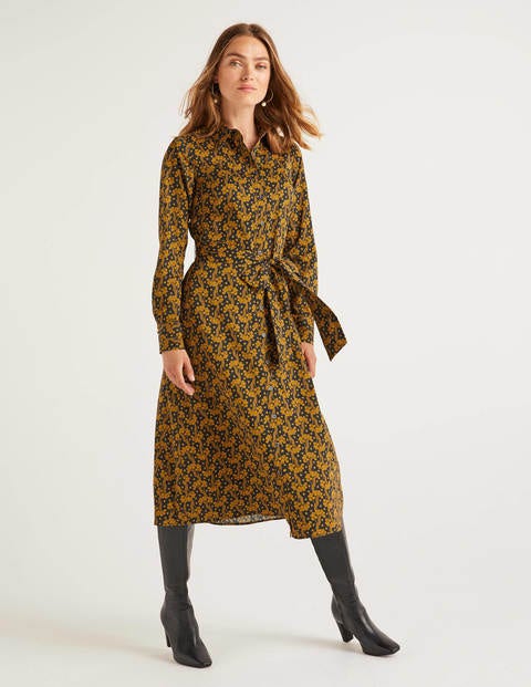 Isodora Midi-Hemdblusenkleid - Schwarz, Florale Wellen Isodora Midi-Hemdblusenkleid - Schwarz, Florale Wellen