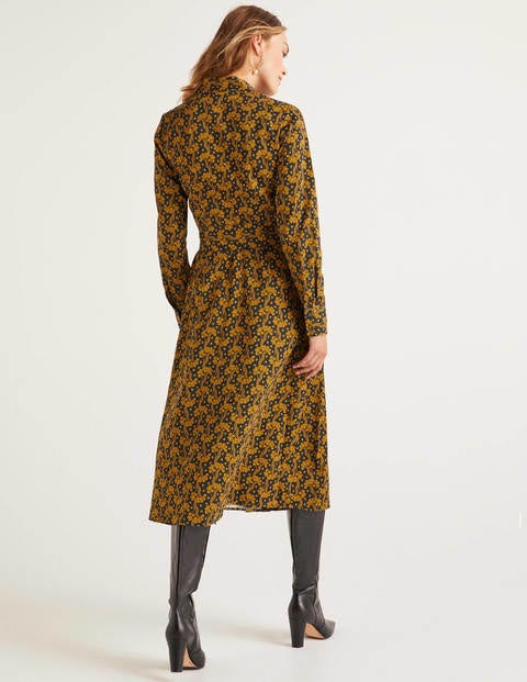 Isodora Midi-Hemdblusenkleid - Schwarz, Florale Wellen Isodora Midi-Hemdblusenkleid - Schwarz, Florale Wellen