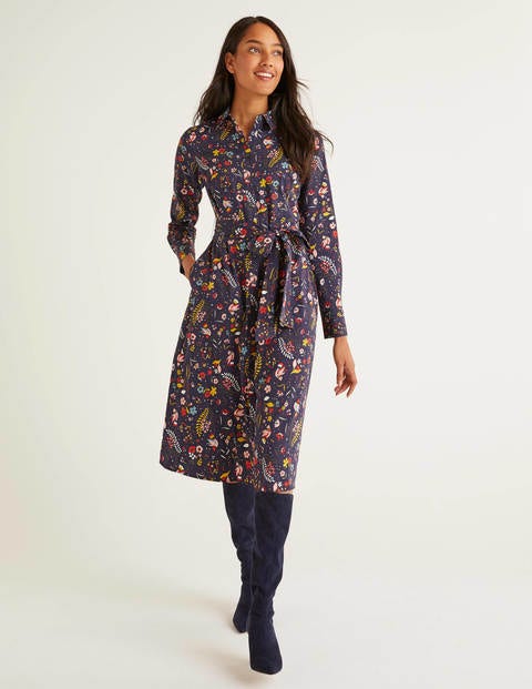 Isodora Midi Shirt Dress - Navy Saffron, Whimsical Bird Isodora Midi Shirt Dress - Navy Saffron, Whimsical Bird
