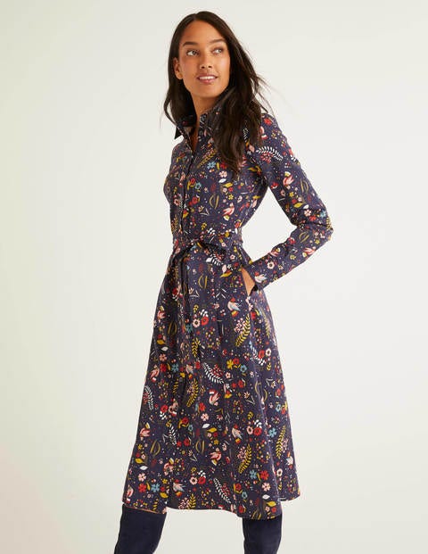 Isodora Midi Shirt Dress - Navy Saffron, Whimsical Bird Isodora Midi Shirt Dress - Navy Saffron, Whimsical Bird