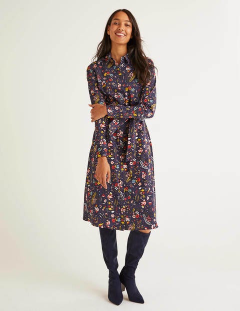 Isodora Midi Shirt Dress - Navy Saffron, Whimsical Bird Isodora Midi Shirt Dress - Navy Saffron, Whimsical Bird