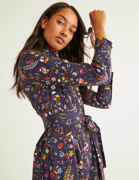 Isodora Midi Shirt Dress - Navy Saffron, Whimsical Bird Isodora Midi Shirt Dress - Navy Saffron, Whimsical Bird