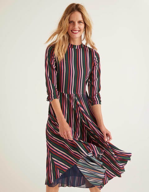 Camille Pleated Dress - Crayon Pink and Conker Stripe Camille Pleated Dress - Crayon Pink and Conker Stripe