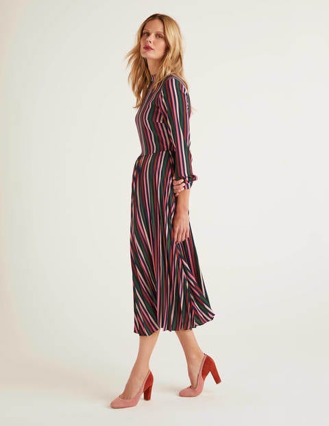 Camille Pleated Dress - Crayon Pink and Conker Stripe Camille Pleated Dress - Crayon Pink and Conker Stripe