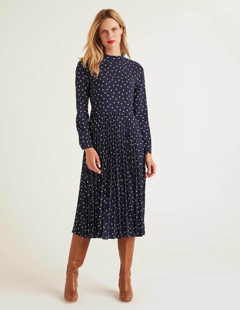 Camille Pleated Dress - French Navy, Polka Spot Camille Pleated Dress - French Navy, Polka Spot