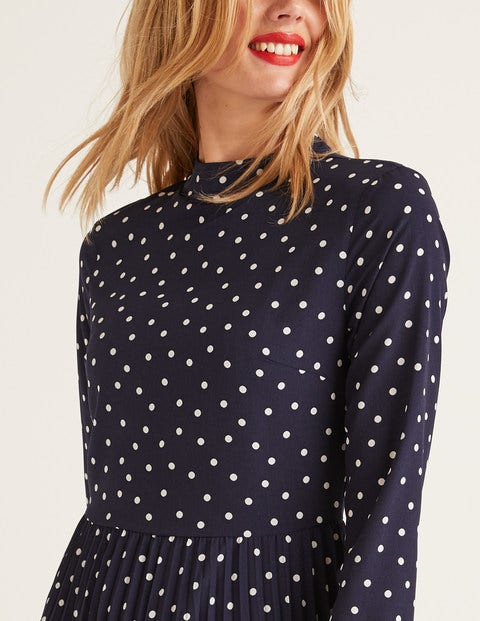 Camille Pleated Dress - French Navy, Polka Spot Camille Pleated Dress - French Navy, Polka Spot