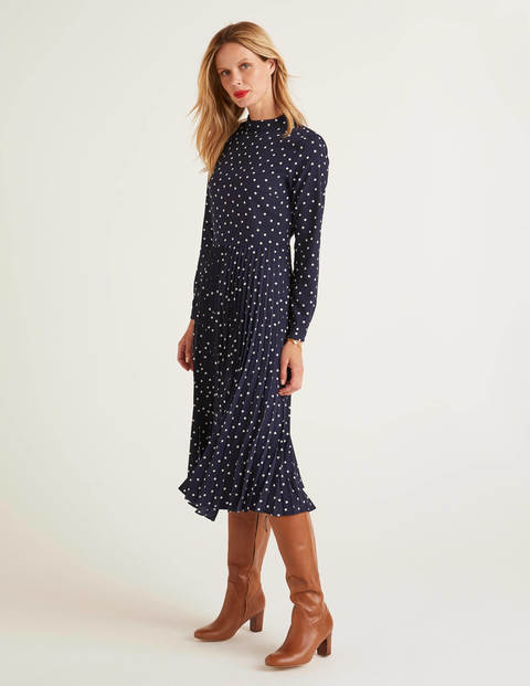 Camille Pleated Dress - French Navy, Polka Spot Camille Pleated Dress - French Navy, Polka Spot