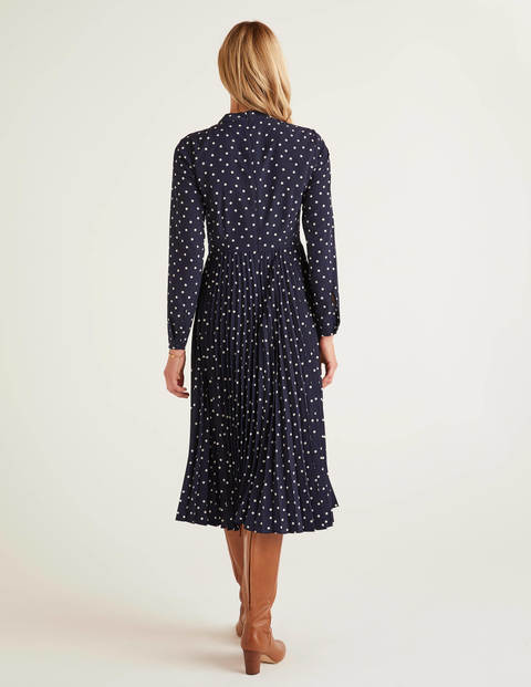 Camille Pleated Dress - French Navy, Polka Spot Camille Pleated Dress - French Navy, Polka Spot