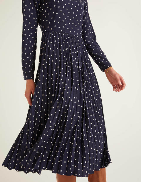 Camille Pleated Dress - French Navy, Polka Spot Camille Pleated Dress - French Navy, Polka Spot