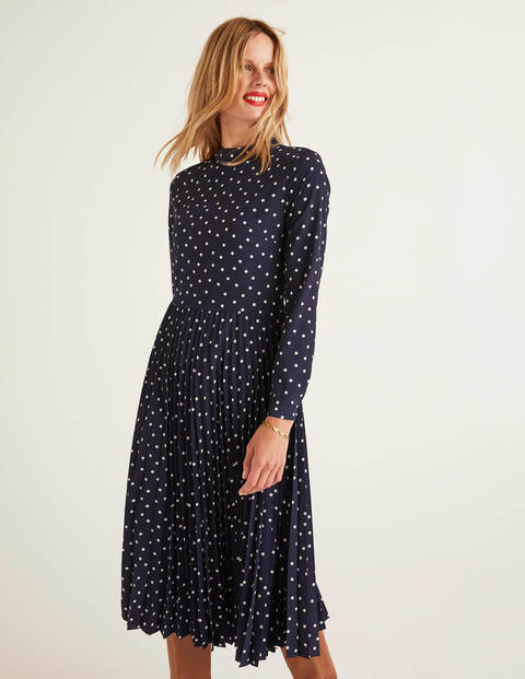 Camille Pleated Dress - French Navy, Polka Spot Camille Pleated Dress - French Navy, Polka Spot