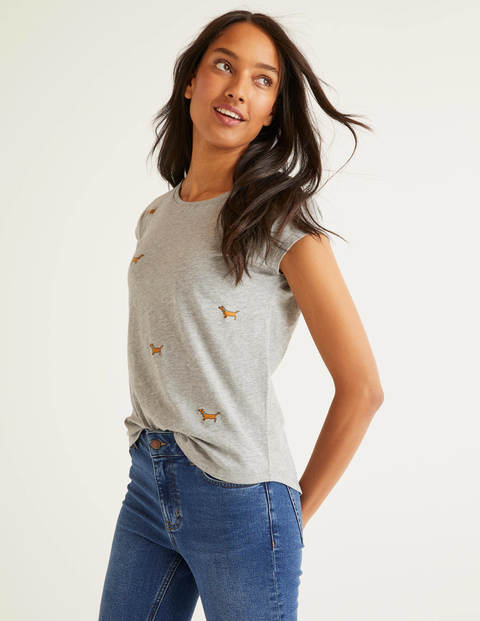 Robyn Jersey-T-Shirt - Grau Meliert, Gestickte Hunde Robyn Jersey-T-Shirt - Grau Meliert, Gestickte Hunde