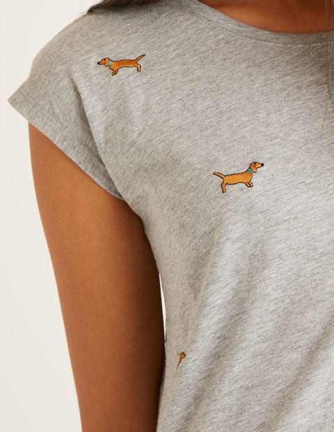 Robyn Jersey-T-Shirt - Grau Meliert, Gestickte Hunde Robyn Jersey-T-Shirt - Grau Meliert, Gestickte Hunde