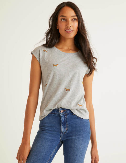 Robyn Jersey-T-Shirt - Grau Meliert, Gestickte Hunde Robyn Jersey-T-Shirt - Grau Meliert, Gestickte Hunde