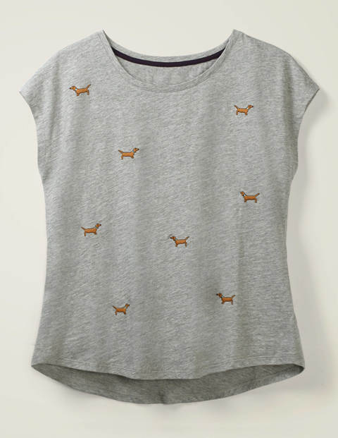 Robyn Jersey-T-Shirt - Grau Meliert, Gestickte Hunde Robyn Jersey-T-Shirt - Grau Meliert, Gestickte Hunde