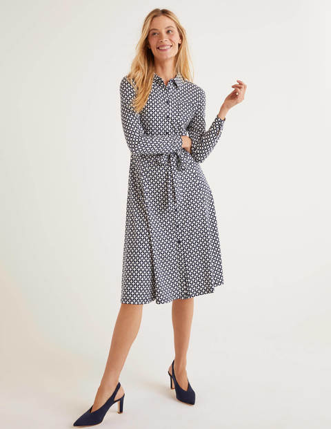 Susannah Jersey Shirt Dress - Navy, Lattice Stamp Susannah Jersey Shirt Dress - Navy, Lattice Stamp