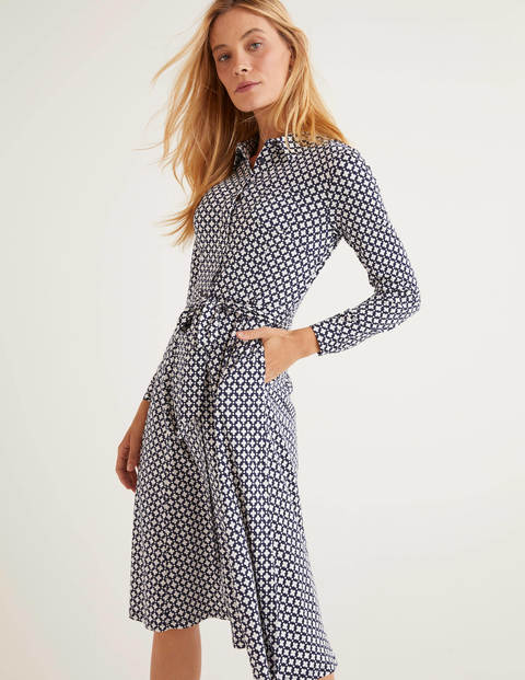 Susannah Jersey Shirt Dress - Navy, Lattice Stamp Susannah Jersey Shirt Dress - Navy, Lattice Stamp