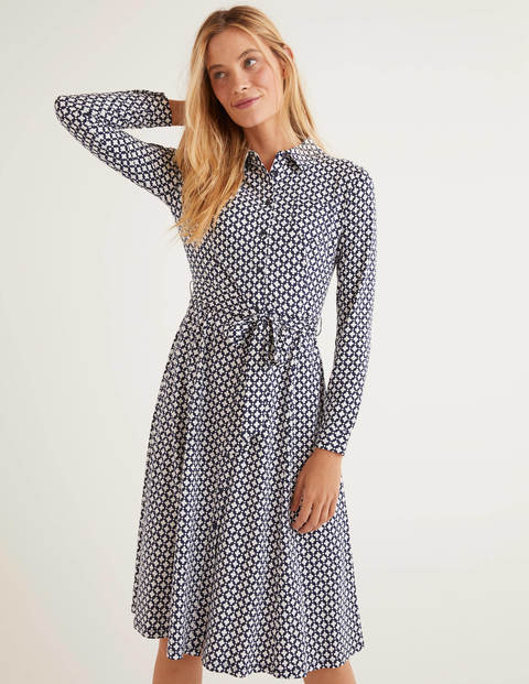 Susannah Jersey Shirt Dress - Navy, Lattice Stamp Susannah Jersey Shirt Dress - Navy, Lattice Stamp