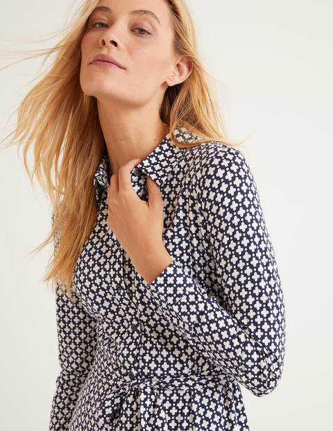 Susannah Jersey Shirt Dress - Navy, Lattice Stamp Susannah Jersey Shirt Dress - Navy, Lattice Stamp