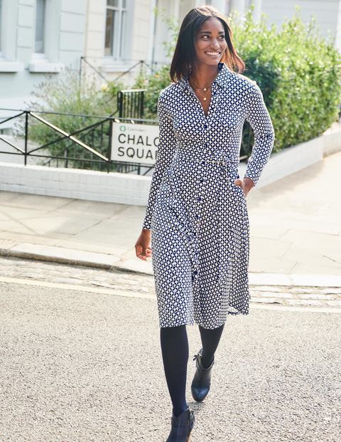Susannah Jersey Shirt Dress - Navy, Lattice Stamp Susannah Jersey Shirt Dress - Navy, Lattice Stamp