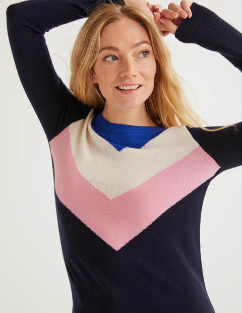 Kaschmirpullover mit Rundhalsausschnitt - Navy, Zickzackmuster Kaschmirpullover mit Rundhalsausschnitt - Navy, Zickzackmuster