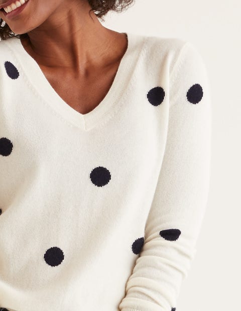 Kaschmirpullover Mit V-Ausschnitt - Naturweiß/Navy, Getupft Kaschmirpullover Mit V-Ausschnitt - Naturweiß/Navy, Getupft
