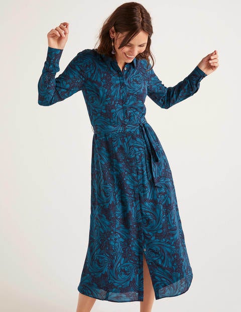 Jemima Silk Shirt Dress - Navy, Marbled Dreams Jemima Silk Shirt Dress - Navy, Marbled Dreams