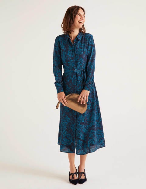 Jemima Silk Shirt Dress - Navy, Marbled Dreams Jemima Silk Shirt Dress - Navy, Marbled Dreams