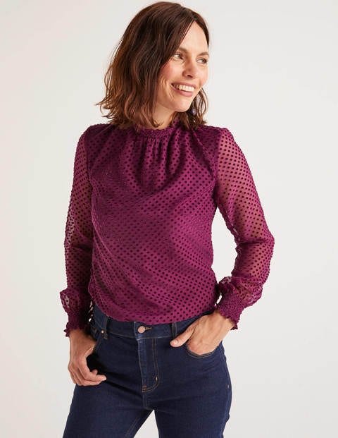 Emilie Blouse - Beetroot, Regular Devore Dot Emilie Blouse - Beetroot, Regular Devore Dot