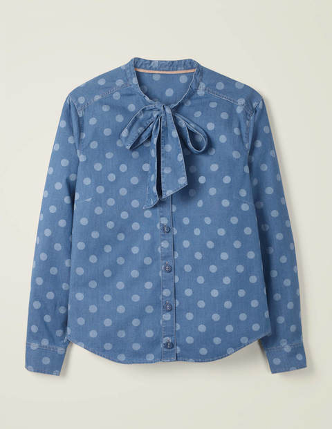 Keira Bow Neck Shirt - Chambray, Brand Dot Keira Bow Neck Shirt - Chambray, Brand Dot