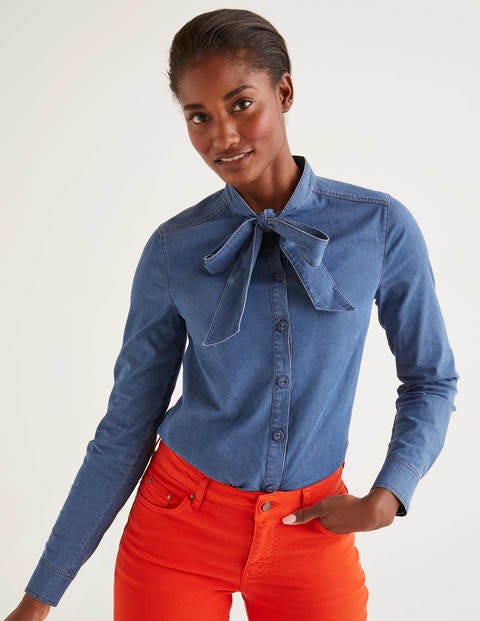 Keira Bow Neck Shirt - Mid Vintage Denim Keira Bow Neck Shirt - Mid Vintage Denim