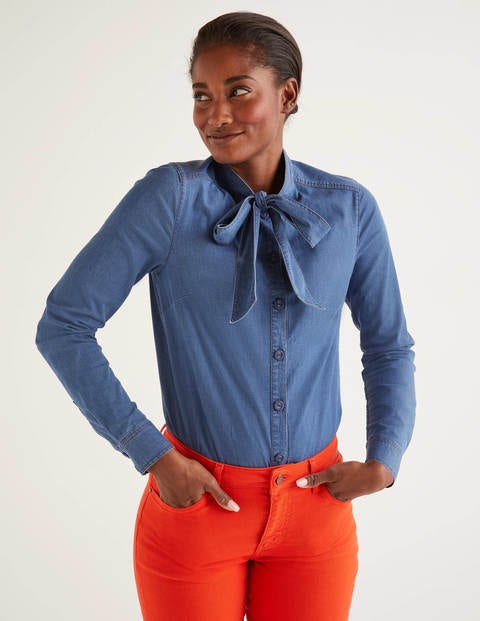 Keira Bow Neck Shirt - Mid Vintage Denim Keira Bow Neck Shirt - Mid Vintage Denim