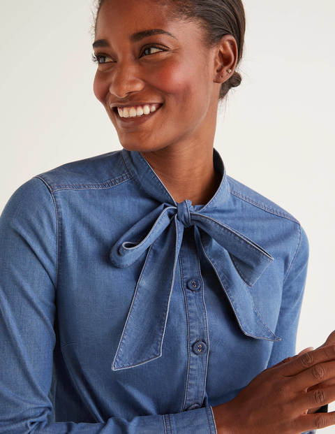 Keira Bow Neck Shirt - Mid Vintage Denim Keira Bow Neck Shirt - Mid Vintage Denim